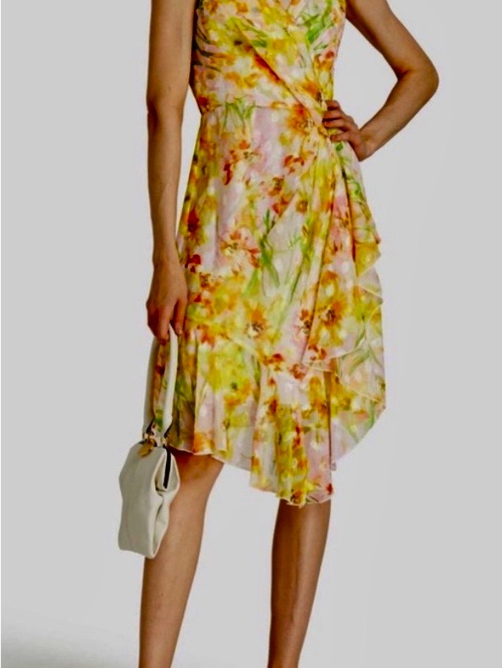 Marchesa Notte New Floral Yellow Watercolor Asymmetric Wrap Dress